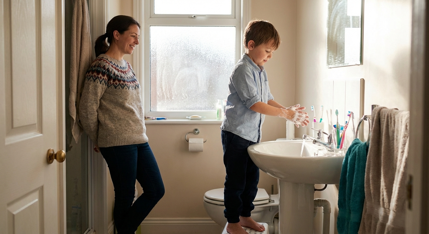 A school-aged child standing at a bathroom sink washing hands with soap while a parent supervises nearby, bright natural light, candid home photo