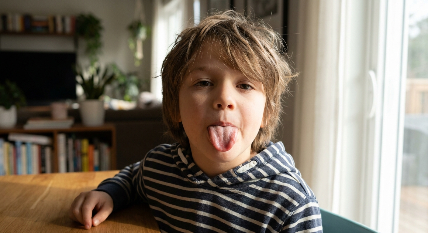 A school-aged child sticking out their tongue in natural window light, showing the tongue surface clearly in a real-life home setting, real photo