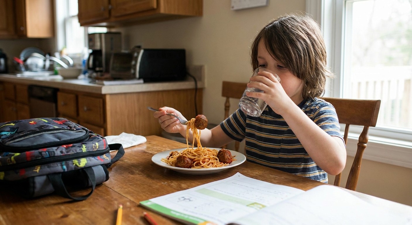A school-aged child taking a sip of water between bites of dinner at a kitchen table