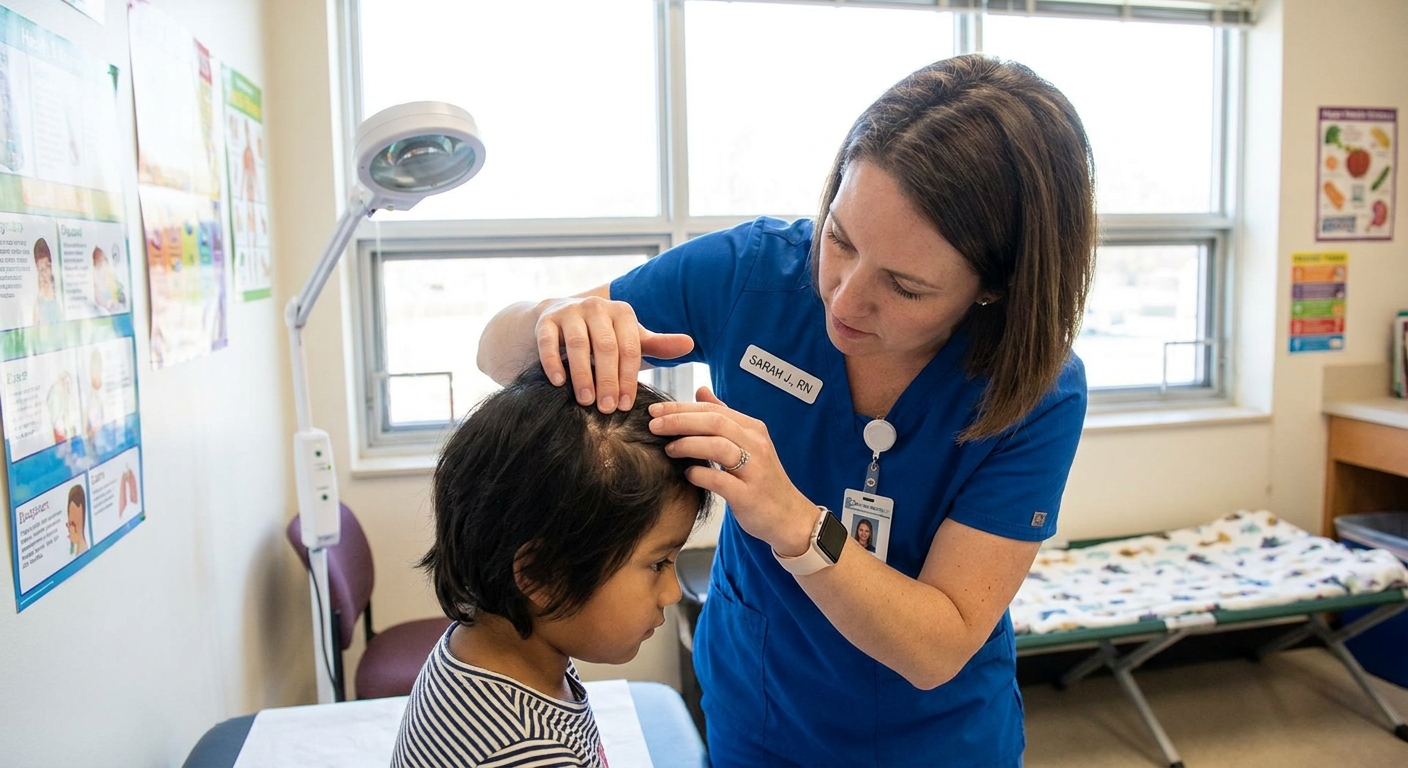 A school nurse gently parting a child’s hair to look at a small flaky patch on the scalp in a bright school health office, realistic photograph
