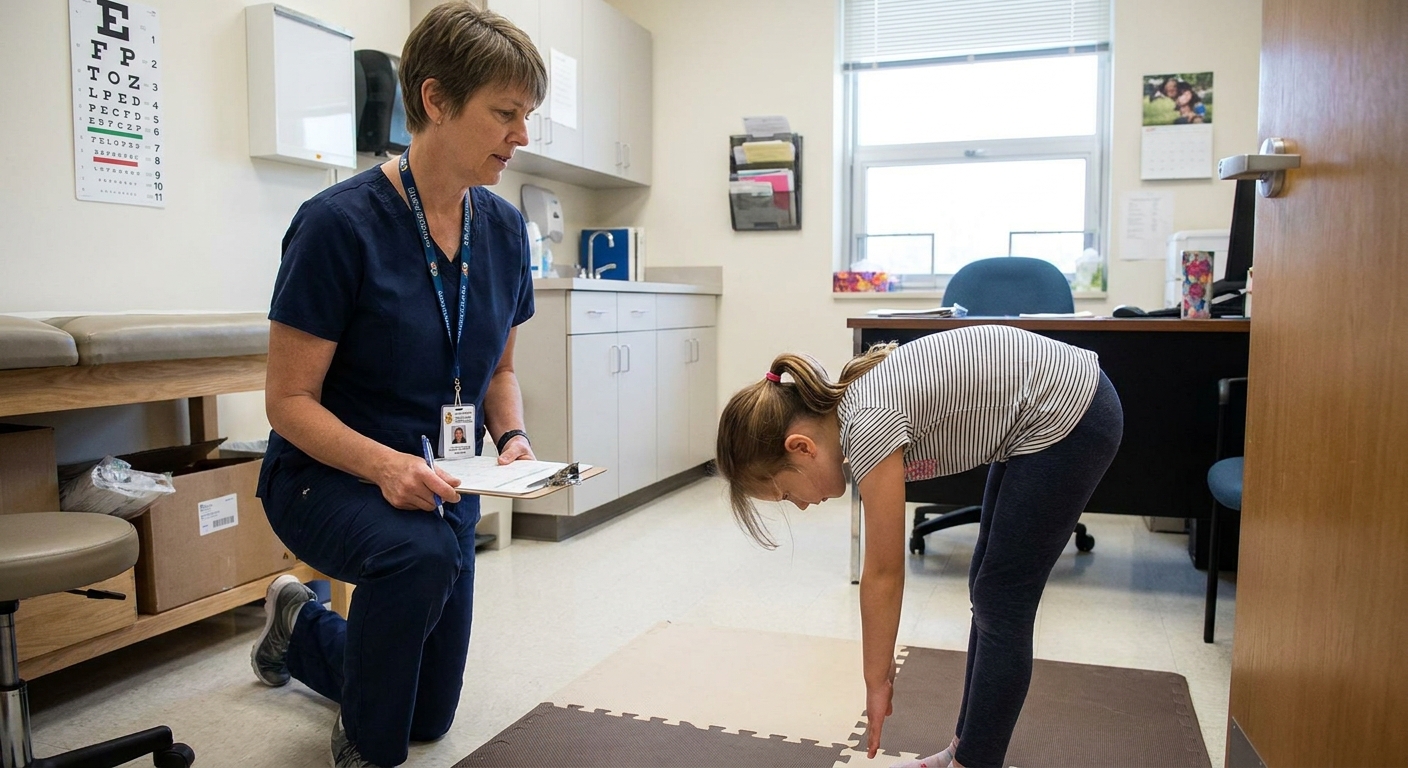 A school nurse observing a child doing a forward bend test in a private health office, realistic school health screening photo