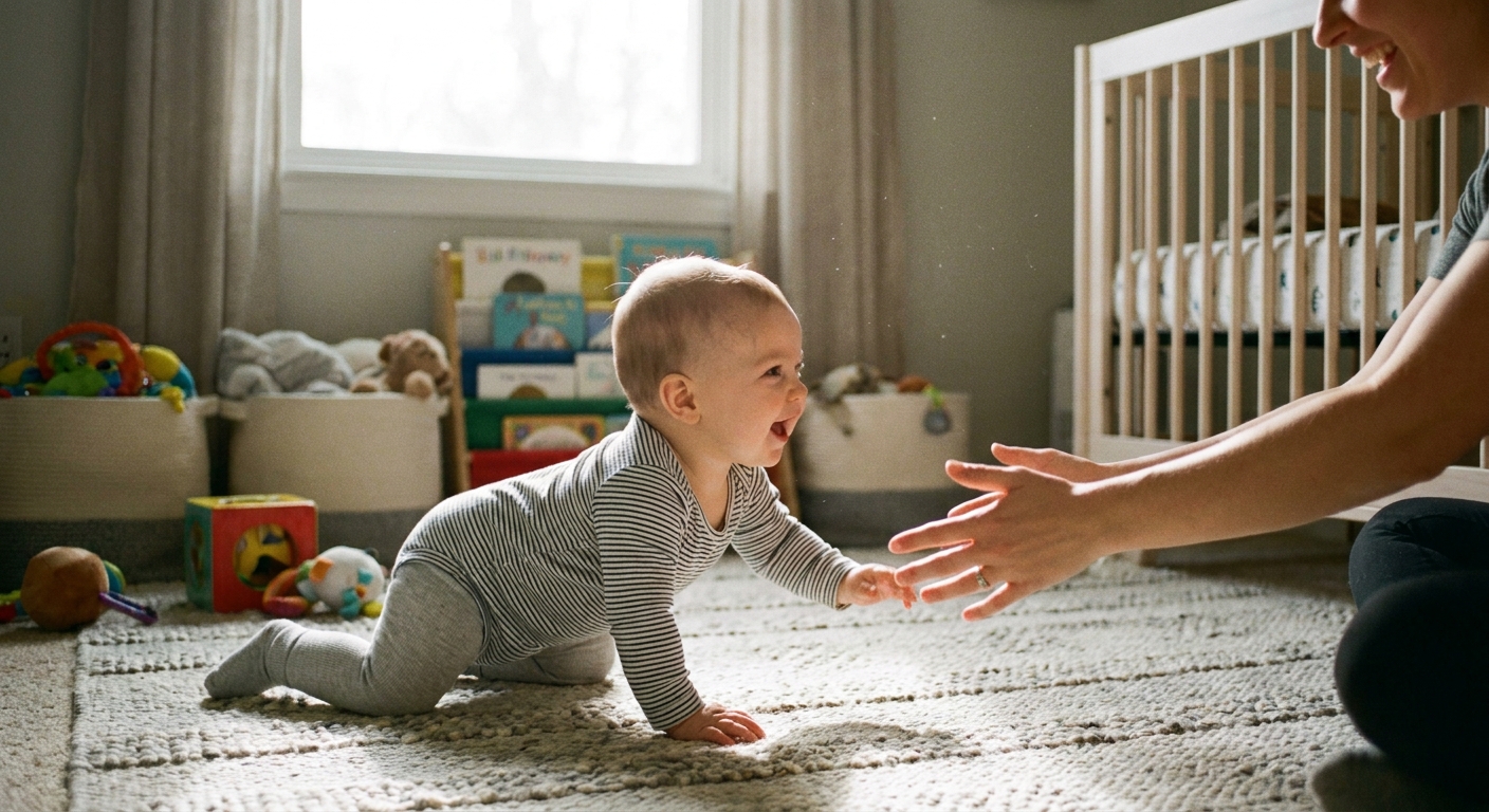A seven-month-old baby crawling forward on a nursery floor toward a parent, soft natural window light, real-life photography