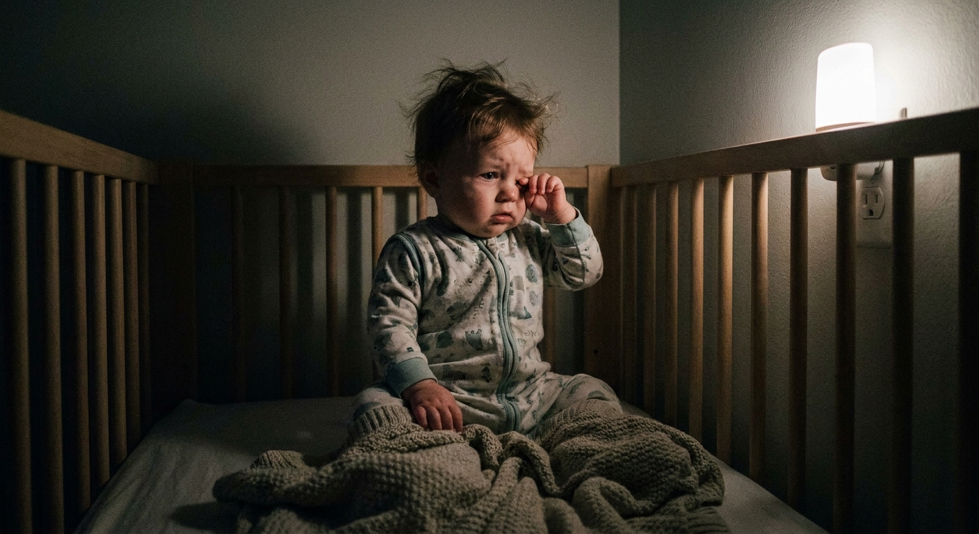 A seven-month-old baby sitting upright in a crib at night in a dim room, looking sleepy and confused, real-life photography