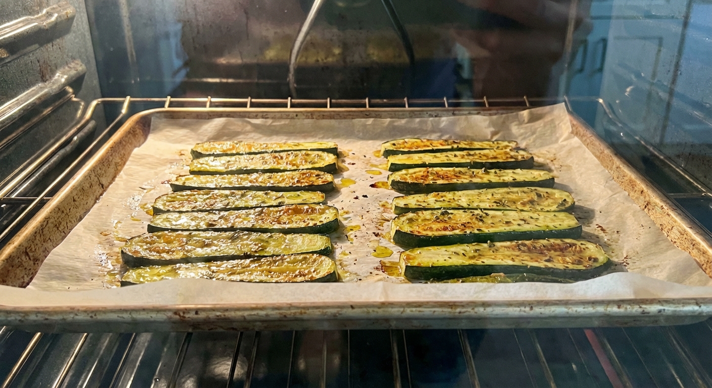 A sheet pan with soft roasted zucchini spears lightly browned, placed on parchment paper in a home oven setting, photorealistic food photography