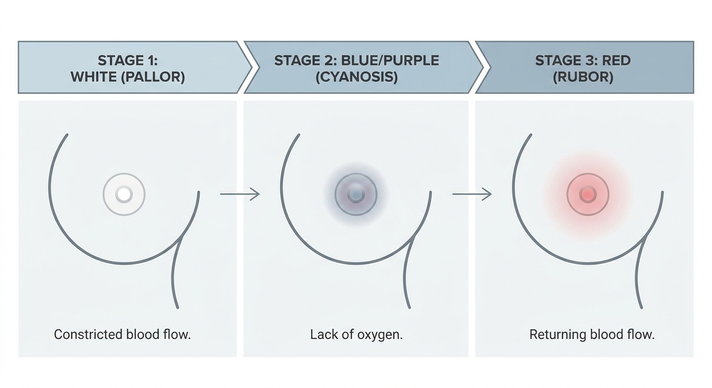 A simple medical illustration showing the nipple color-change sequence in vasospasm: white to blue/purple to red, with brief labels, clean clinical style