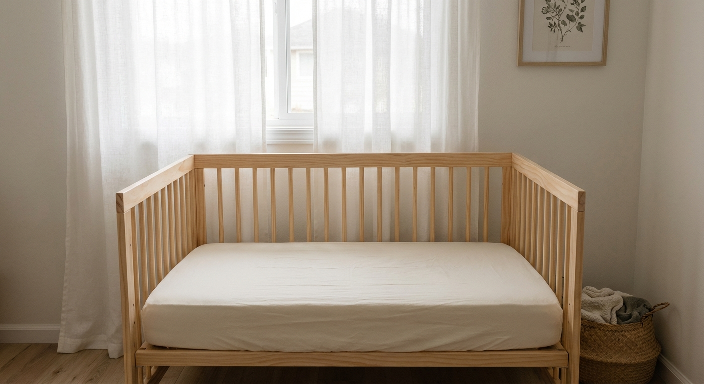 A simple nursery with a wooden crib made up with only a fitted sheet, soft daylight coming through curtains, tidy and calm scene