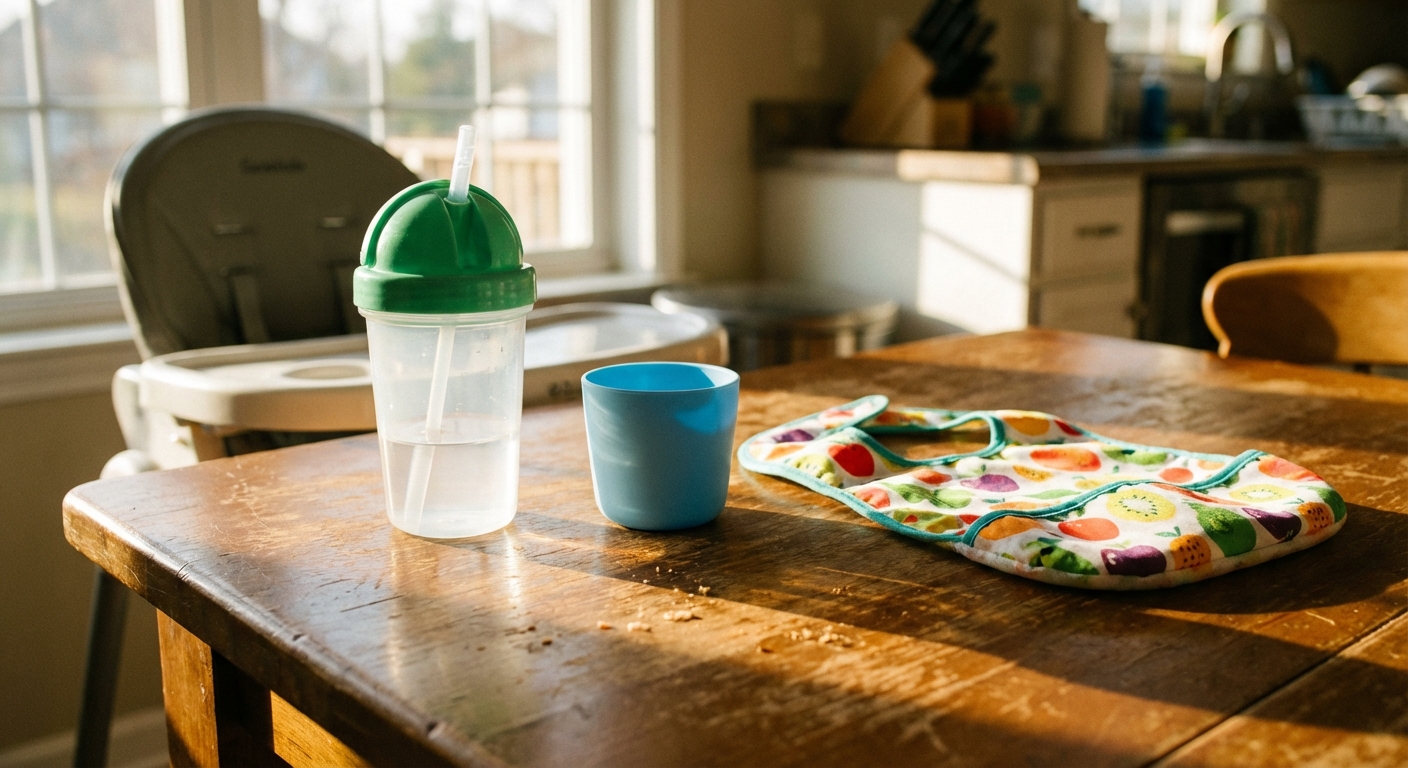 A simple straw cup and a small open training cup sitting on a wooden kitchen table next to a toddler bib, bright morning light, realistic home photo