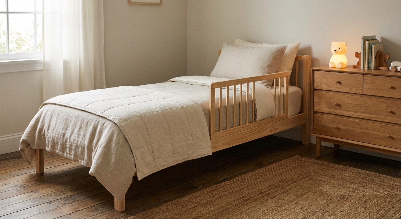A simple toddler bed with a wooden guard rail in a child’s bedroom, neutral bedding, and a small nightlight glowing on a dresser, realistic indoor photo