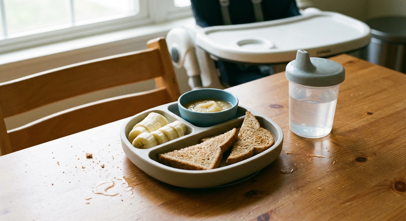 A simple toddler-friendly snack plate on a kitchen table with sliced banana, a small bowl of applesauce, plain toast triangles, and a cup of water, natural light, realistic food photo