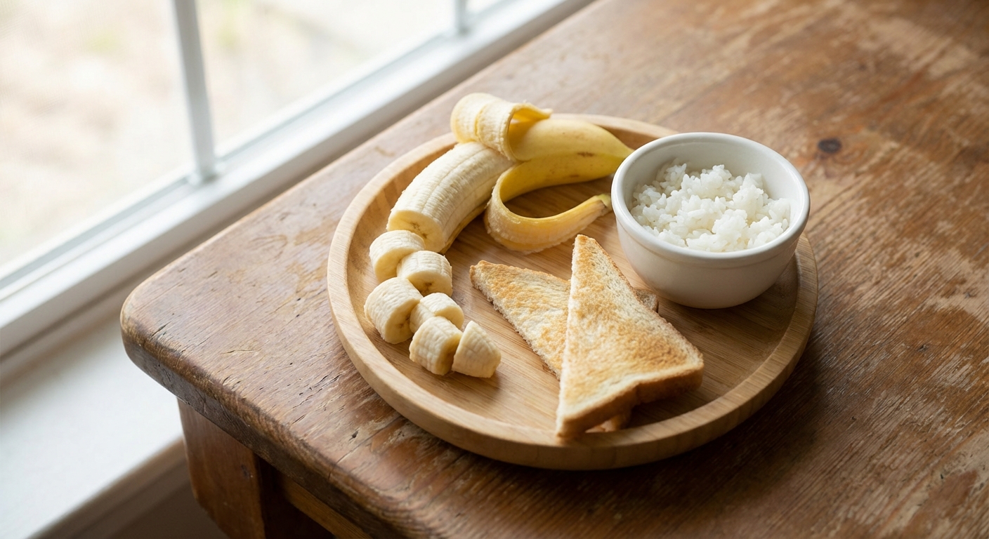 A simple toddler-friendly snack plate with a peeled banana, plain toast, and a small bowl of rice on a wooden table, natural window light, photorealistic
