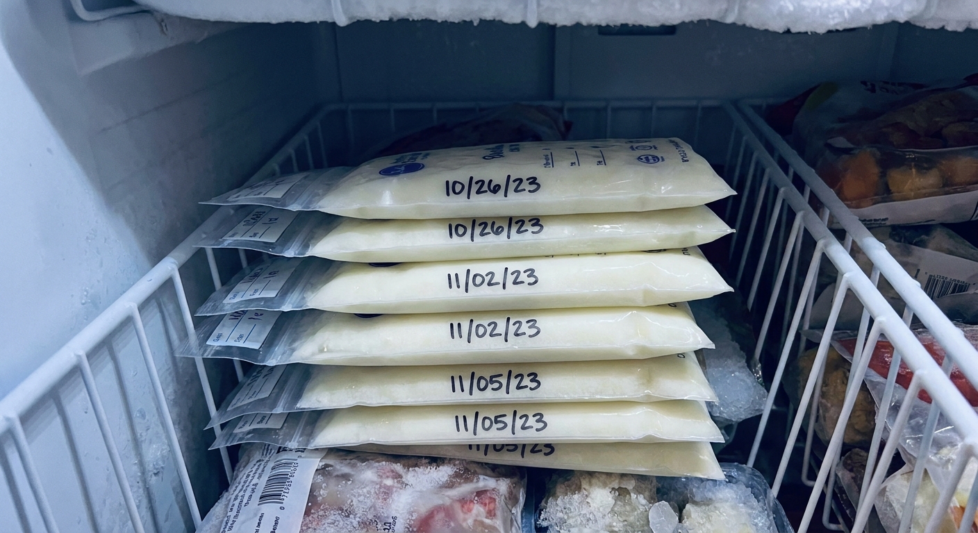 A single photo of several frozen breast milk bags laid flat and stacked neatly in a freezer basket, each bag showing frozen milk and a handwritten date