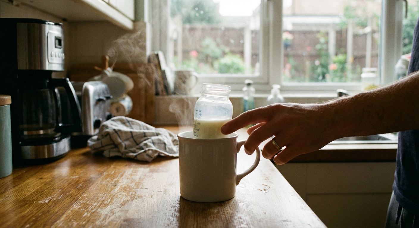 A single photograph of a baby bottle standing in a mug of warm water on a kitchen counter while a parent’s hand checks the temperature, soft morning light, photorealistic