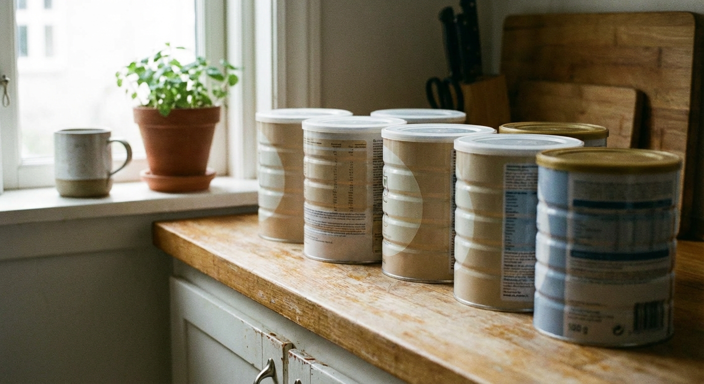 A single real photograph of several unopened infant formula containers lined up on a kitchen counter with neutral labels visible but not readable, soft natural window light, photorealistic