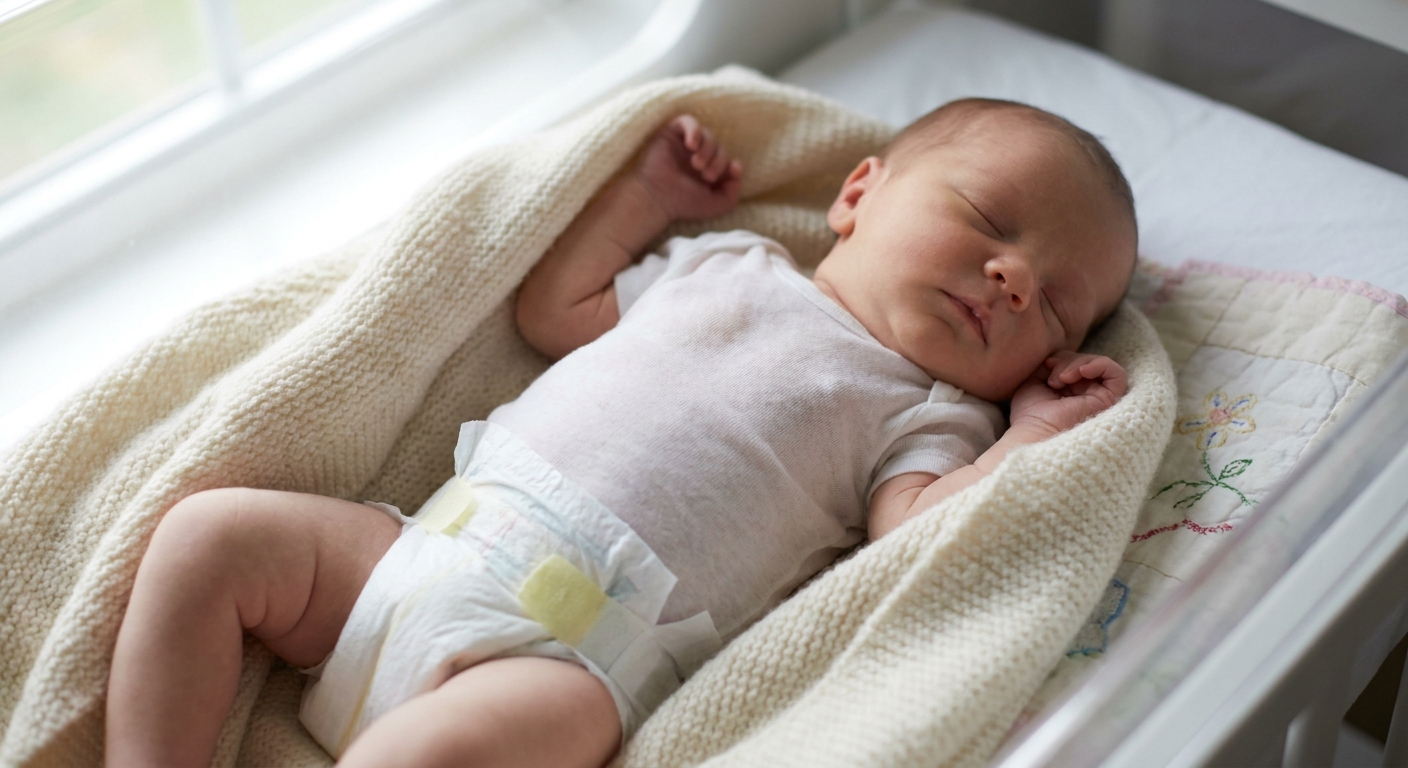 A sleeping newborn in a diaper lying on a soft blanket, with gentle newborn breast puffiness visible under the skin, natural window light