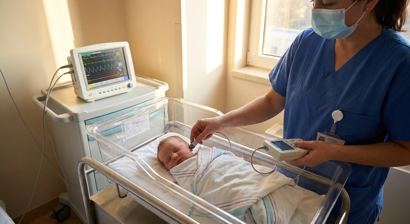 A sleeping newborn in a hospital bassinet with a nurse gently placing a small hearing screening sensor near the baby’s ear, natural hospital room lighting