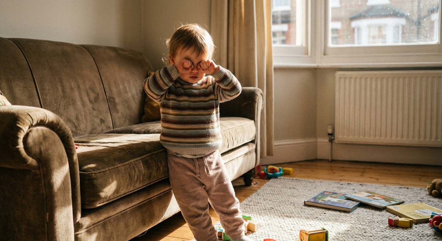 A sleepy 16-month-old toddler rubbing their eyes while standing near a living room couch in afternoon light, candid photo style