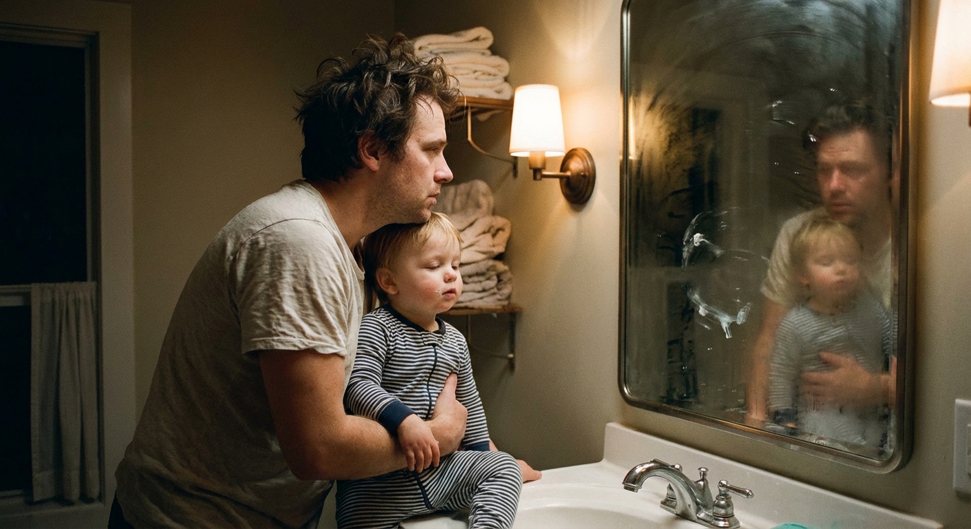 A sleepy parent holding a toddler in pajamas in a softly lit bathroom at bedtime, both looking into the mirror, candid real-life photograph