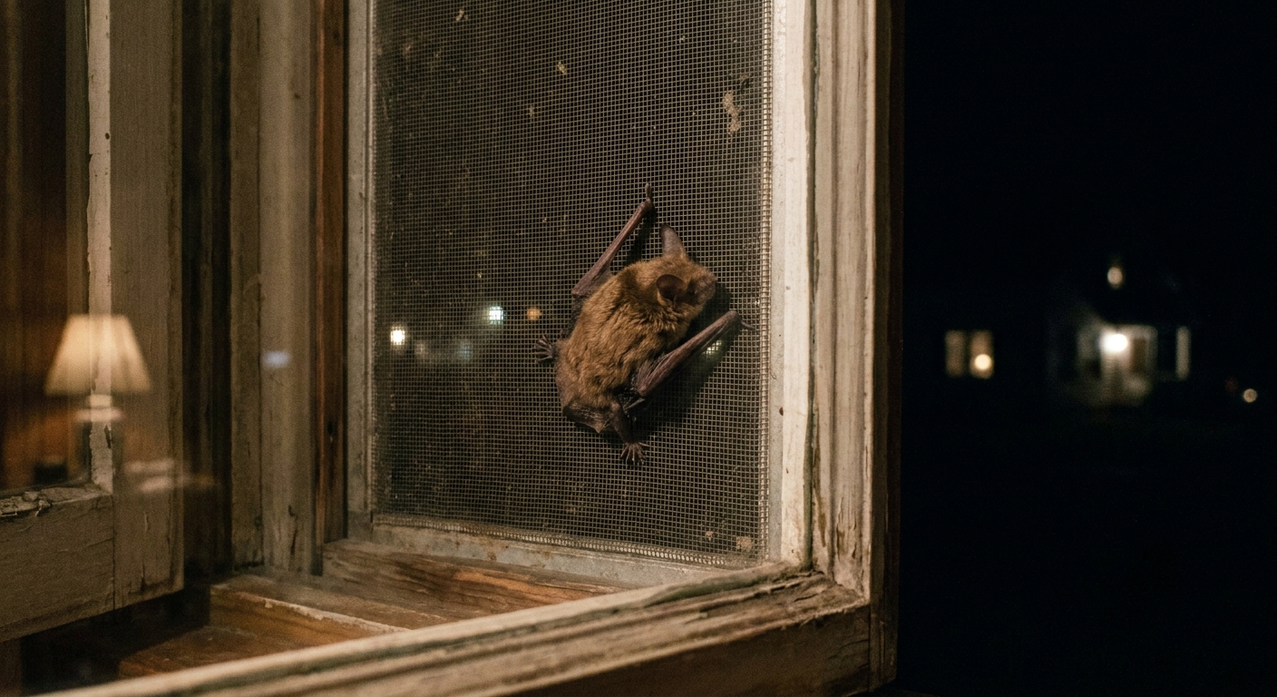 A small bat clinging to an indoor window screen at night with a dark background, realistic photo