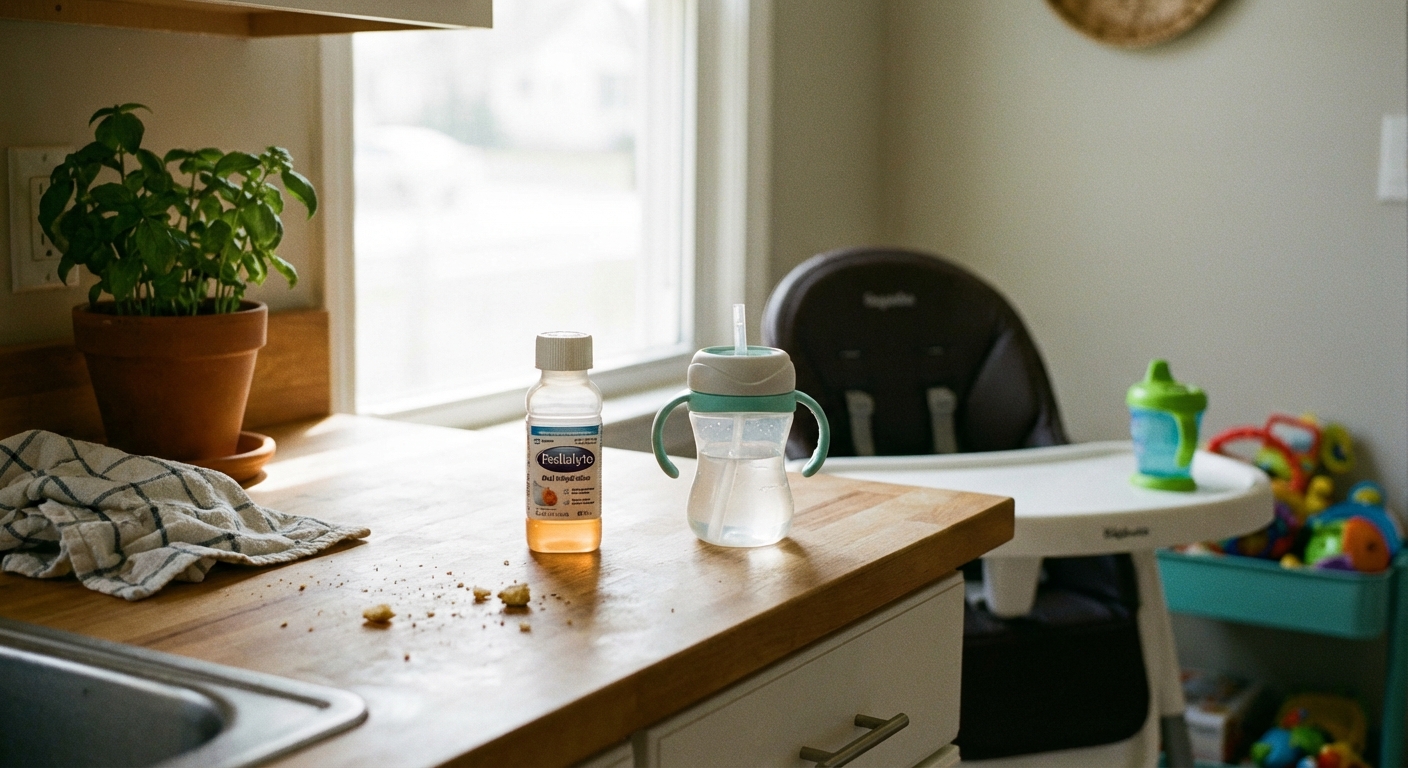A small bottle of oral rehydration solution on a kitchen counter next to a toddler-sized cup, soft natural daylight, realistic home setting
