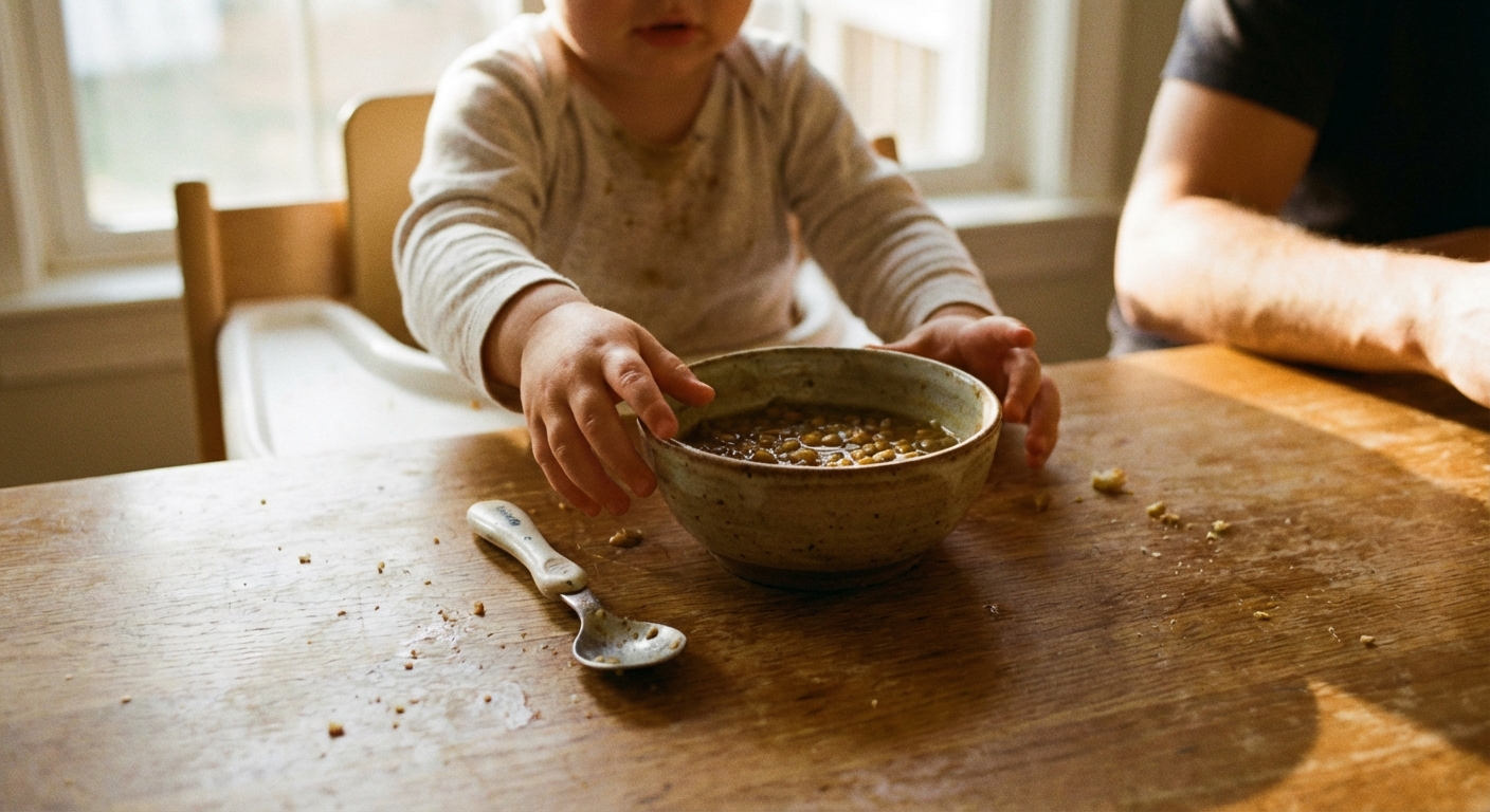 A small bowl of lentil soup on a kitchen table with a toddler-sized spoon beside it, a toddler’s hands reaching toward the bowl, warm home lighting, candid photograph