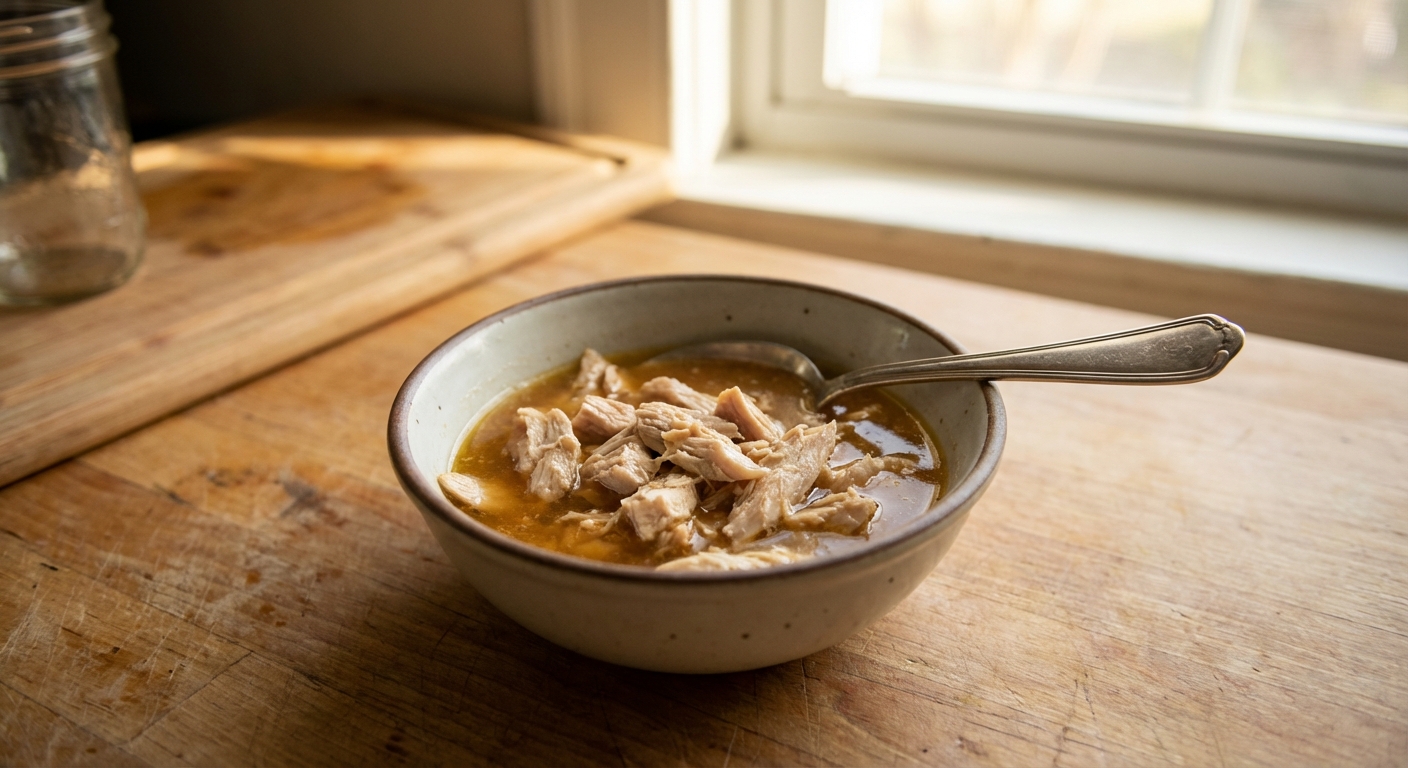 A small bowl of moist shredded chicken mixed with a little broth, spoon resting on the side, home kitchen counter, natural light, realistic photo