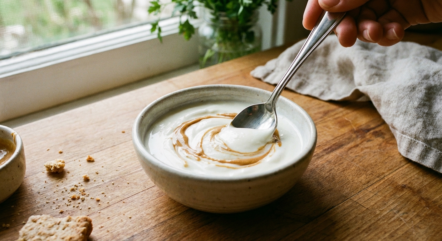 A small bowl of plain yogurt with a spoon stirring in a thin swirl of peanut butter, on a kitchen counter in natural light, realistic food photograph