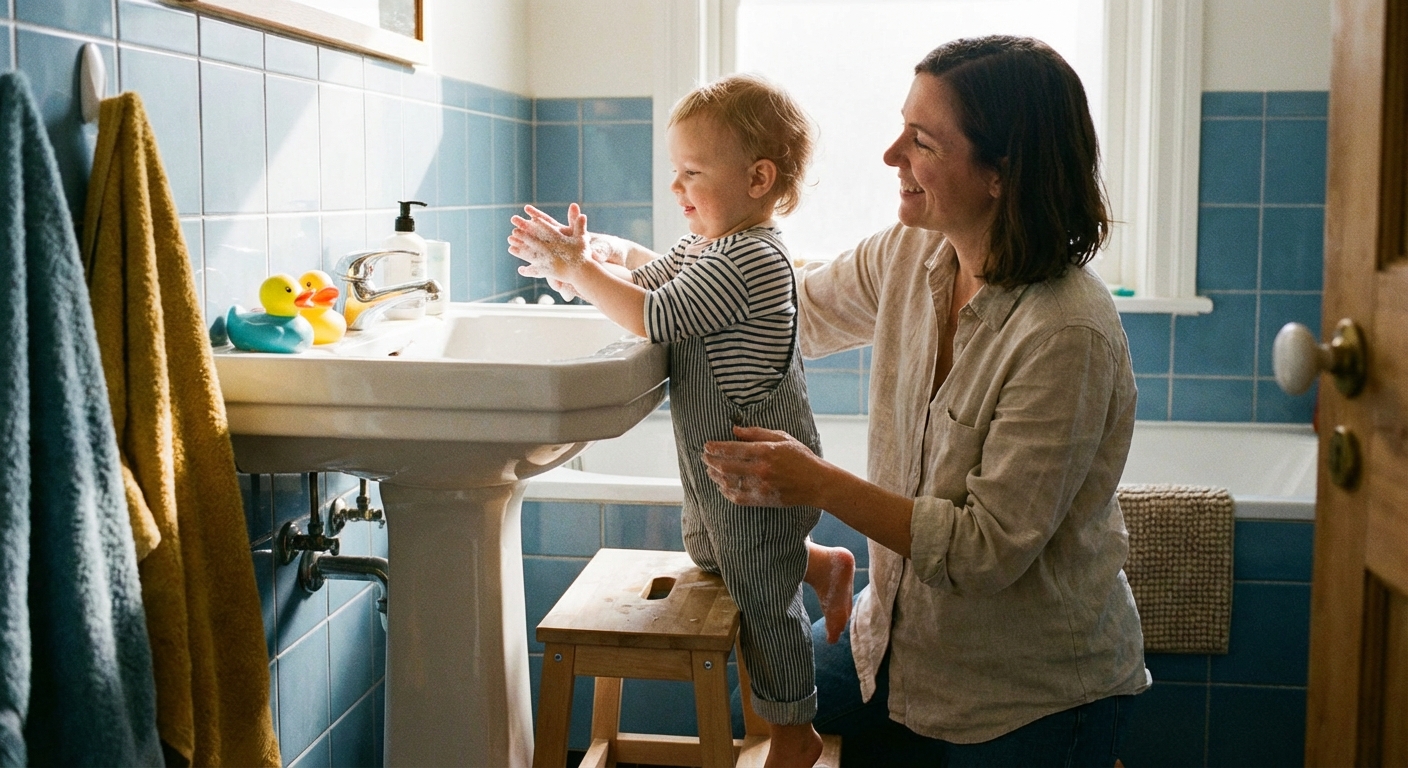 A small child standing on a step stool washing hands at a bathroom sink with soap bubbles while a parent supervises nearby