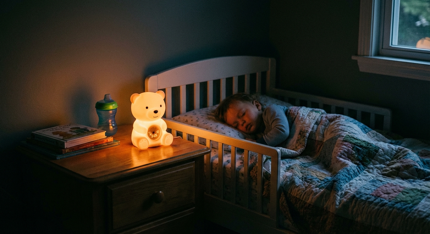 A small children’s wake clock glowing softly on a nightstand next to a toddler bed in a dark bedroom, realistic indoor photo