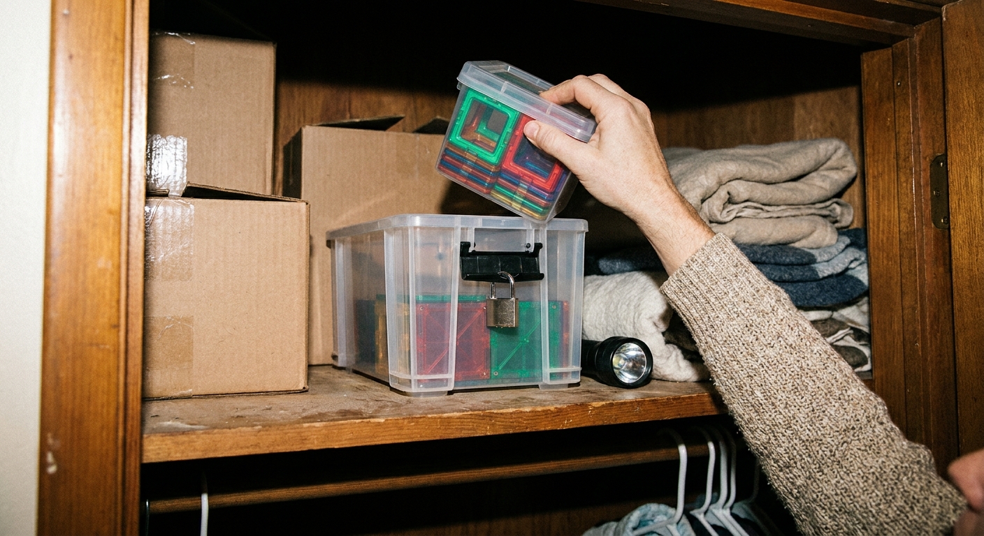 A small locked plastic storage box on a high closet shelf with a hand placing a compact magnet toy container inside, real home photo style