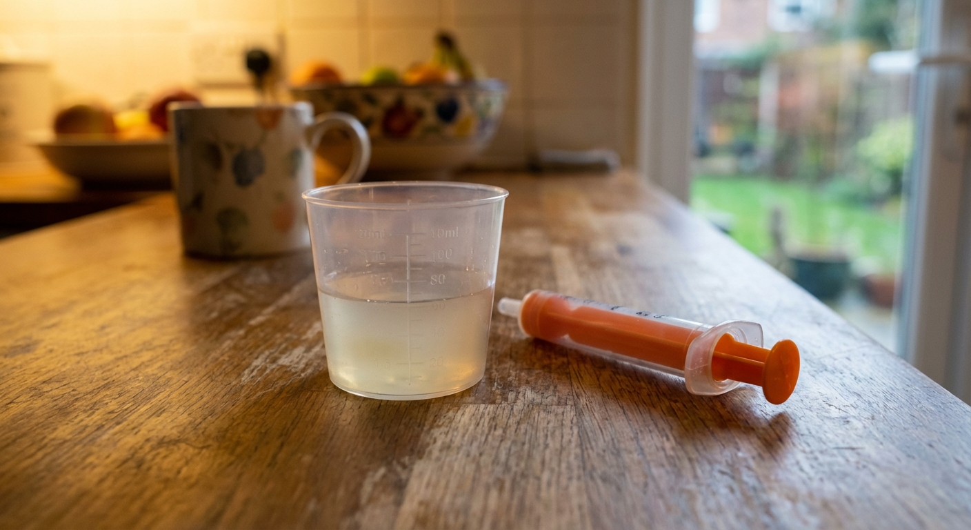 A small medicine cup filled with oral rehydration solution sitting on a kitchen counter next to a child-safe syringe, warm indoor lighting, photorealistic