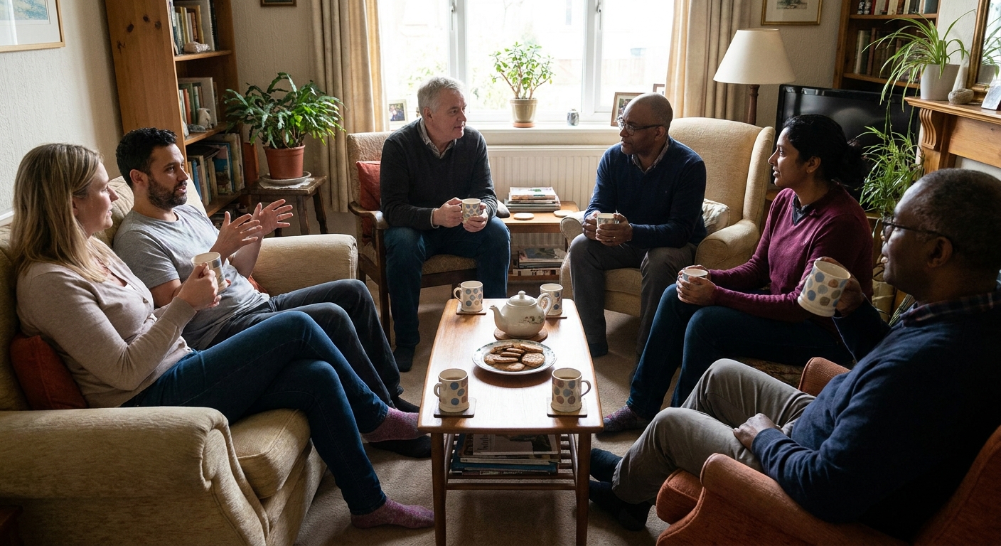 A small parent support group sitting in a cozy living room in a circle, talking and holding cups of tea, real-life photo style