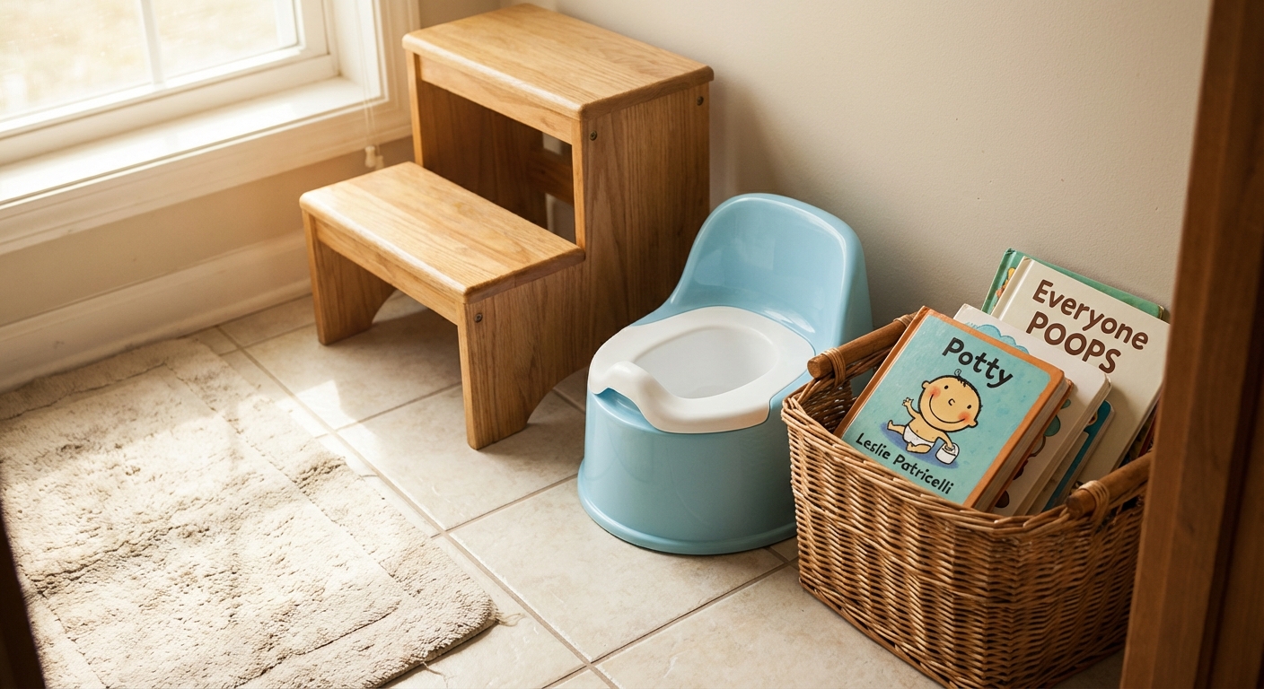 A small plastic potty chair placed on a bathroom floor next to a step stool and a basket of toddler books, warm natural light, realistic home photo
