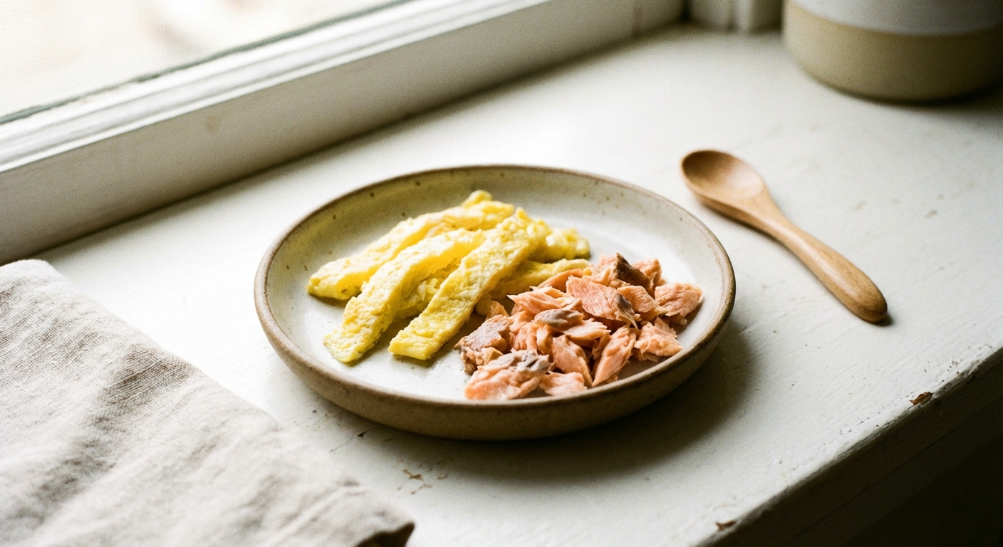 A small plate on a kitchen counter with soft scrambled egg strips and flaked salmon prepared for a baby, close-up food photograph in natural light