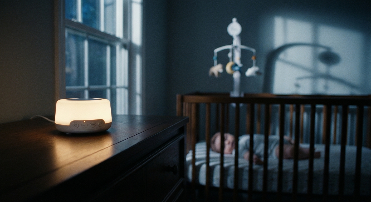 A small white noise machine on a dresser in a dim nursery at night, with a crib softly out of focus in the background, cozy and calm atmosphere, realistic photography