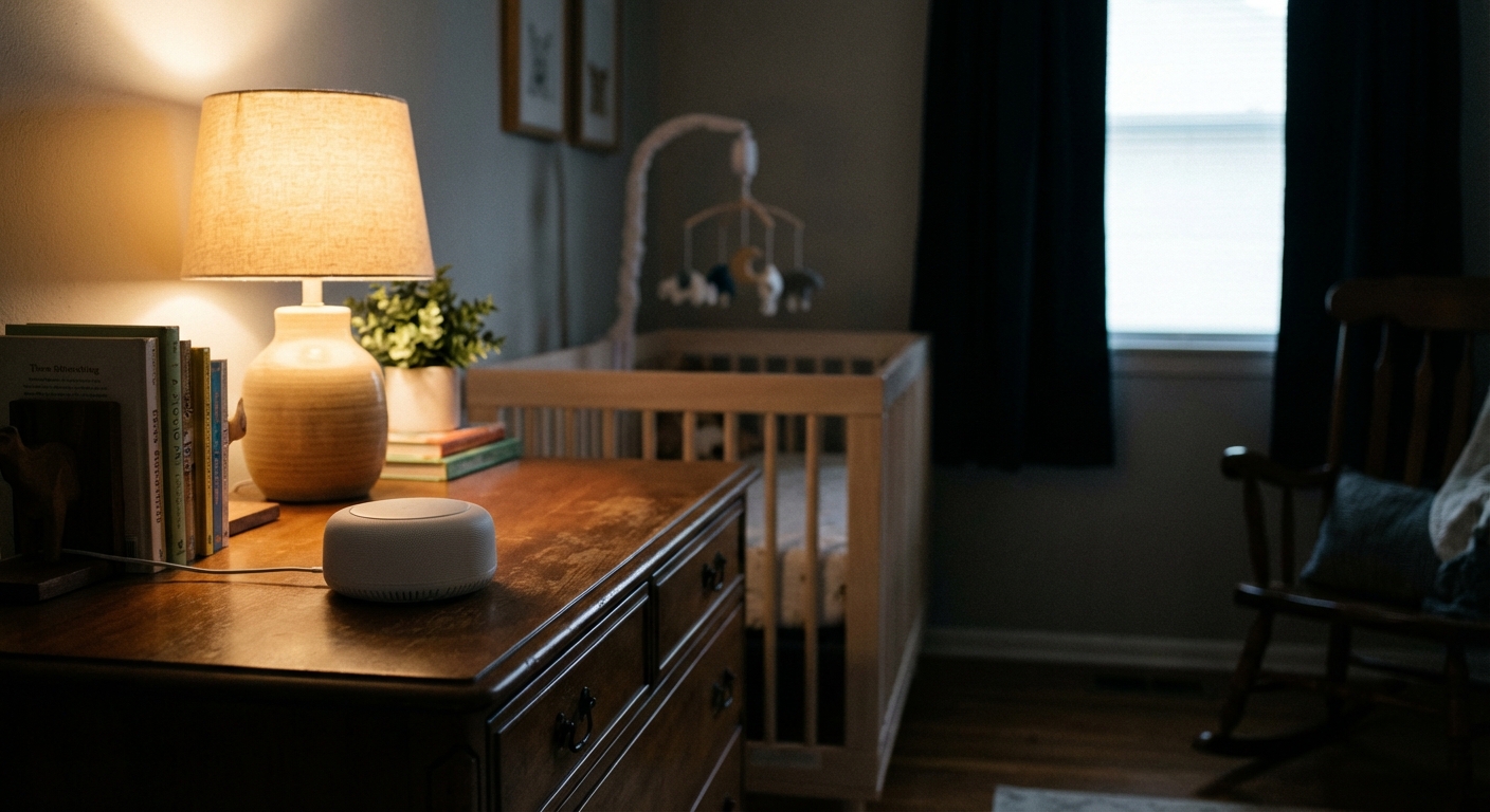 A small white noise machine on a dresser in a dim nursery with a crib softly blurred in the background, warm lamp light, photorealistic