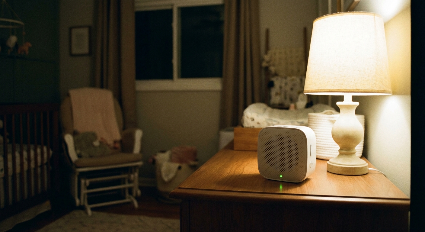 A small white noise machine on a dresser in a dim nursery next to a softly glowing lamp, realistic home photo