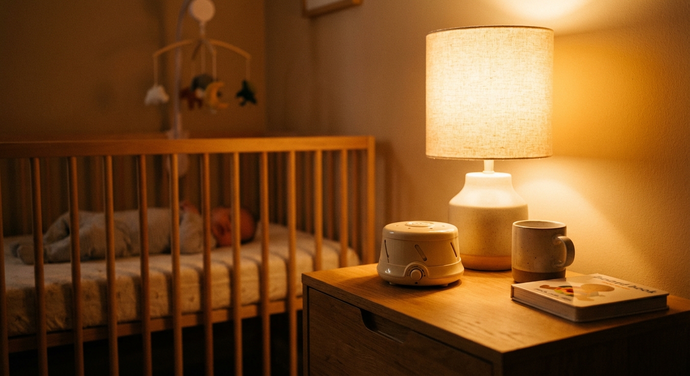 A small white noise machine on a nightstand next to a softly glowing lamp in a nursery, with a crib in the background out of focus, warm cozy nighttime lighting, realistic photography