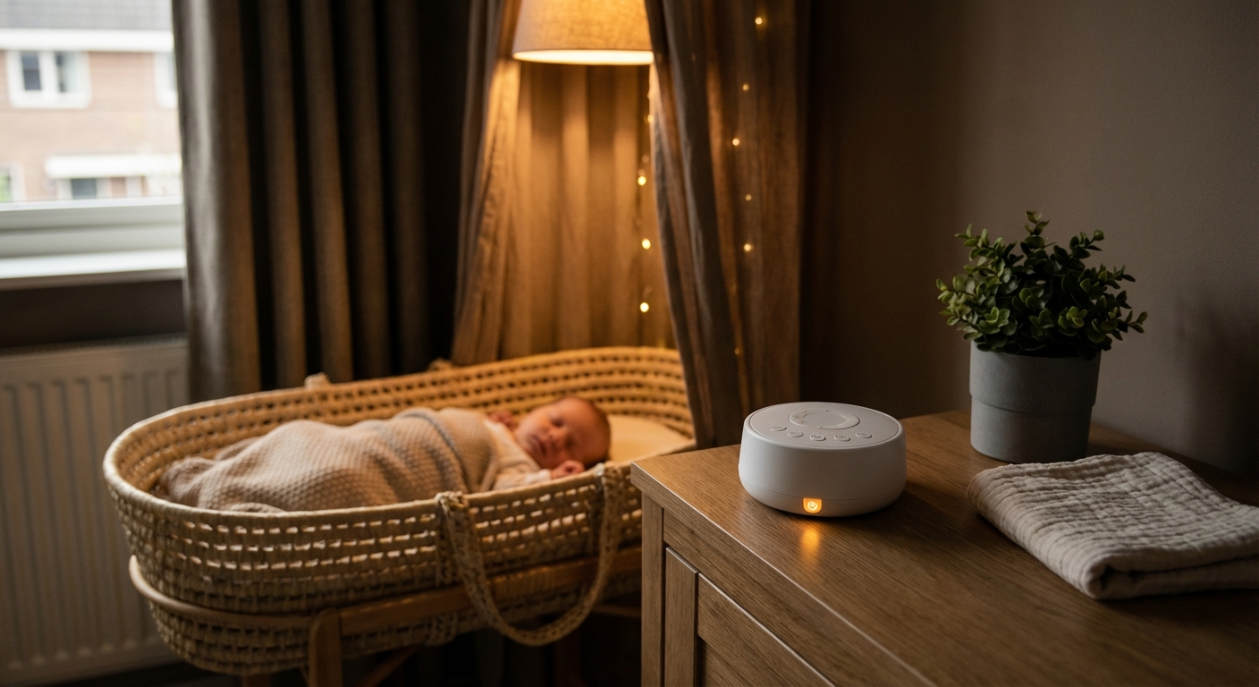A small white noise machine sitting on a dresser in a dim nursery with a sleeping newborn in a bassinet in the background, soft warm lighting, photorealistic lifestyle photo