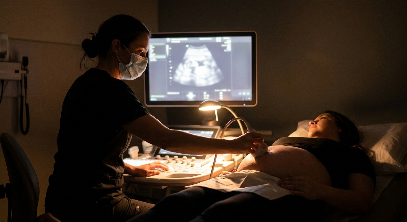 A sonographer performing an abdominal ultrasound on a pregnant patient in a dim exam room, with the ultrasound monitor softly visible in the background
