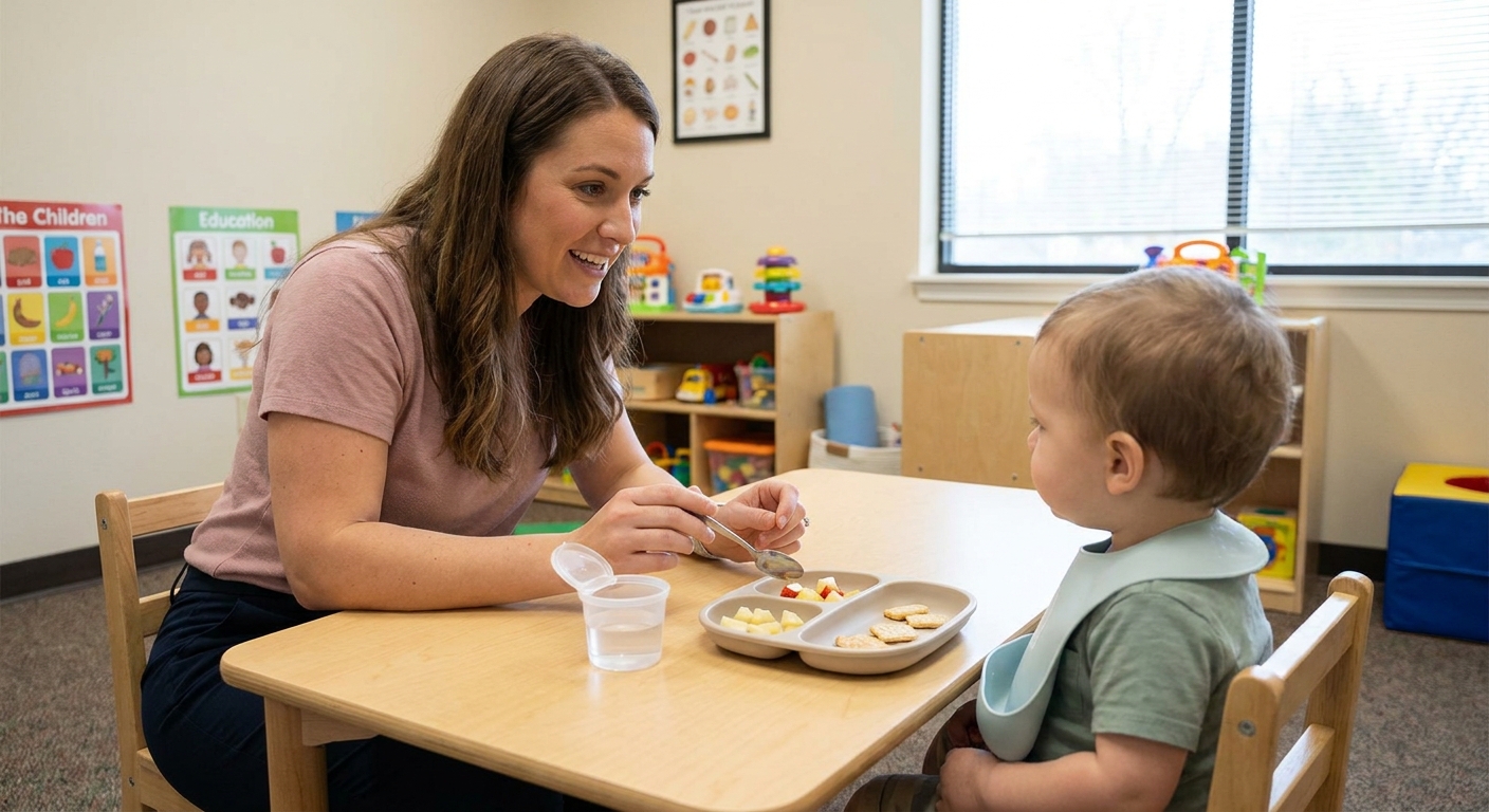 A speech-language pathologist sitting at a small table guiding a toddler through a snack activity with small food pieces and a cup of water, realistic clinic photo