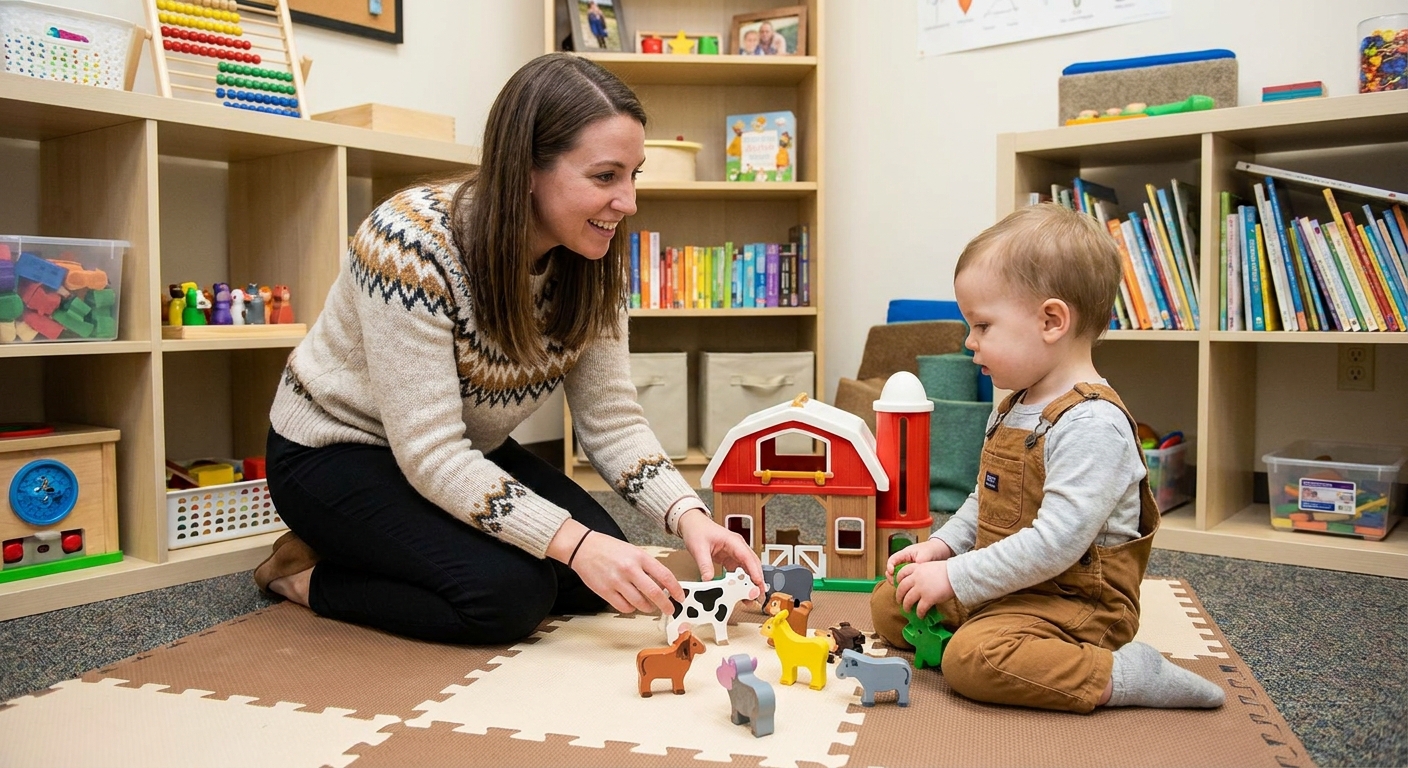A speech-language pathologist sitting on the floor of a therapy room playing with a toddler using toys while modeling words, candid clinical photo