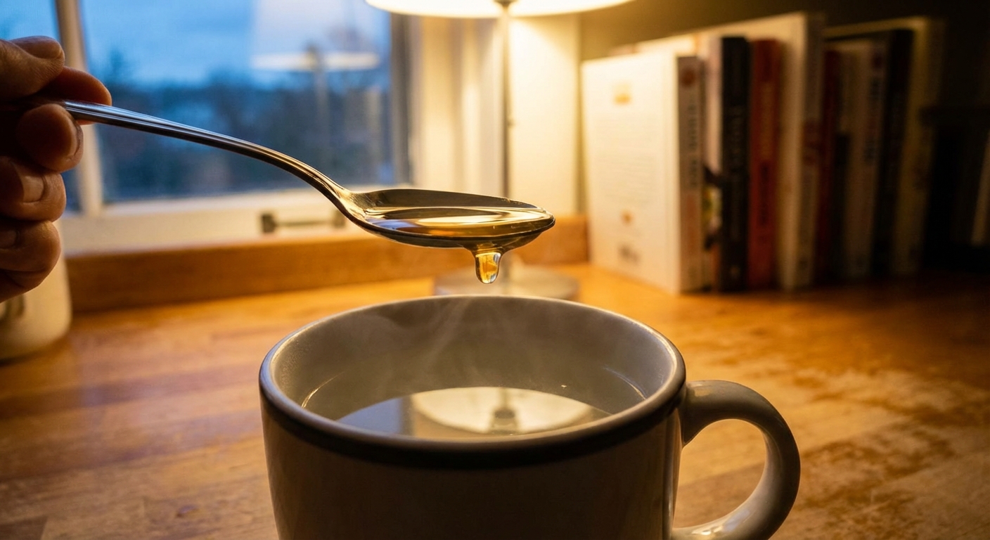 A spoon with a small amount of honey held above a mug of warm water on a kitchen counter, soft evening indoor light, photorealistic