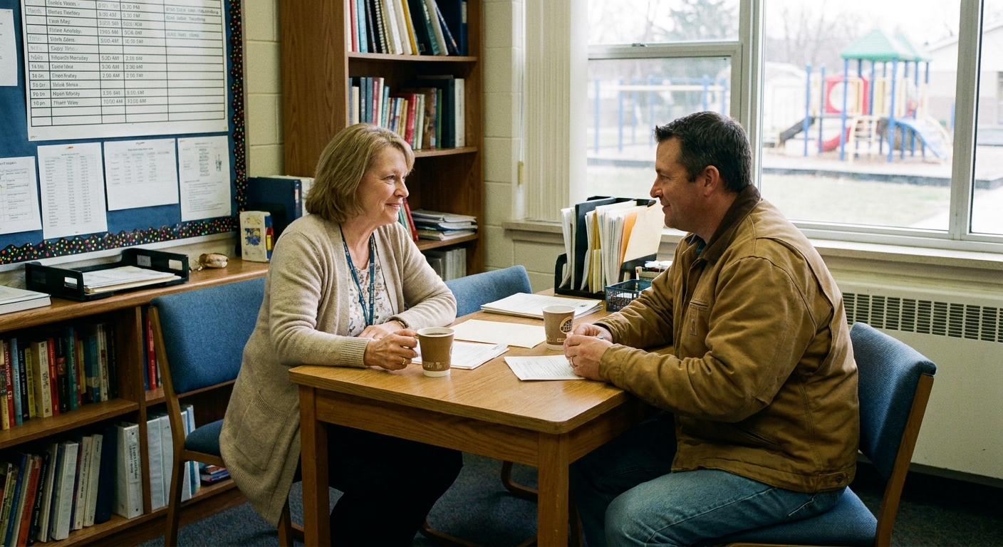 A teacher and a parent sitting at a small table in a school office having a calm conversation, natural indoor photo