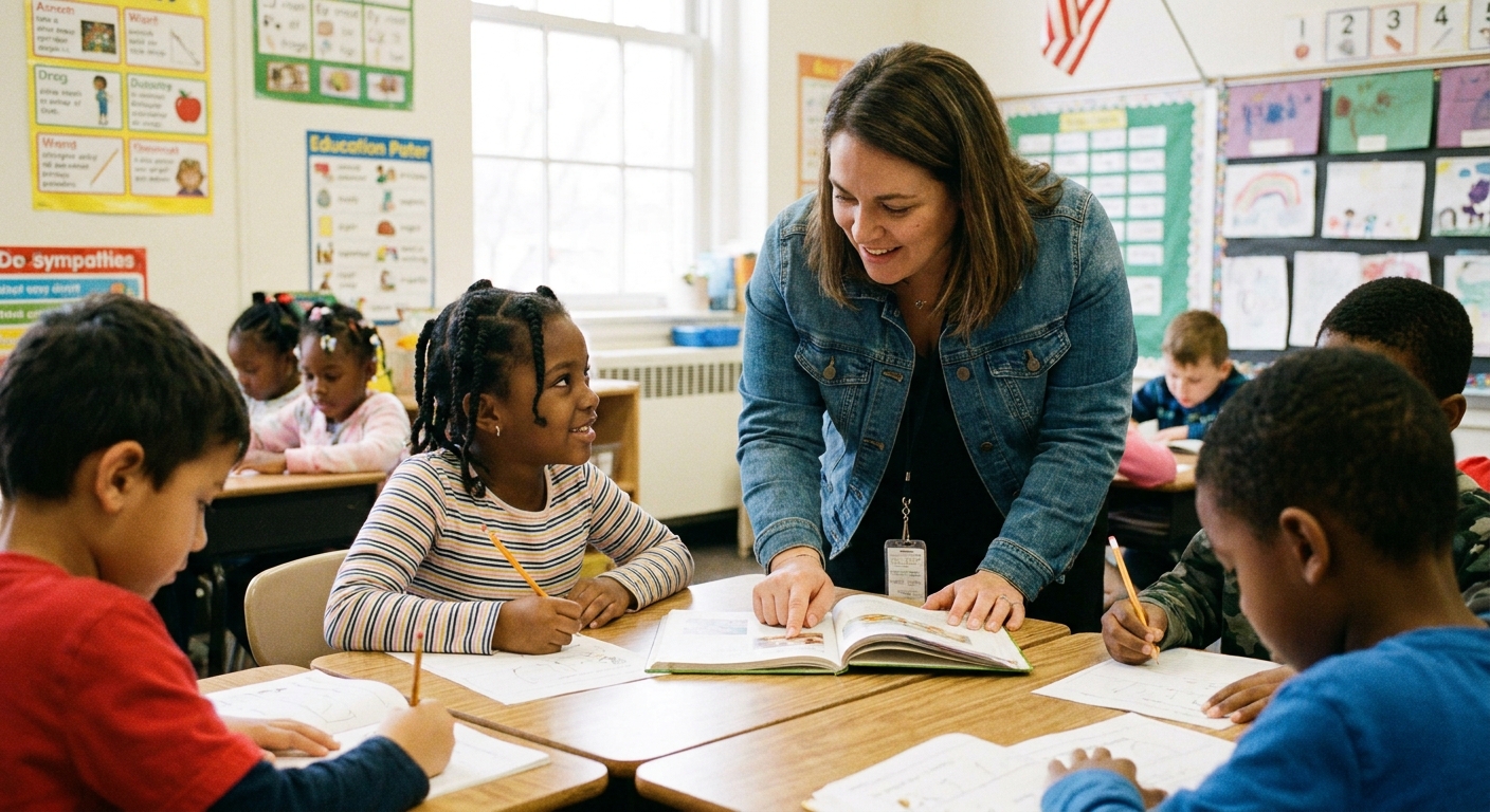 A teacher leaning beside a seated elementary student during small-group instruction in a classroom, realistic candid school photo