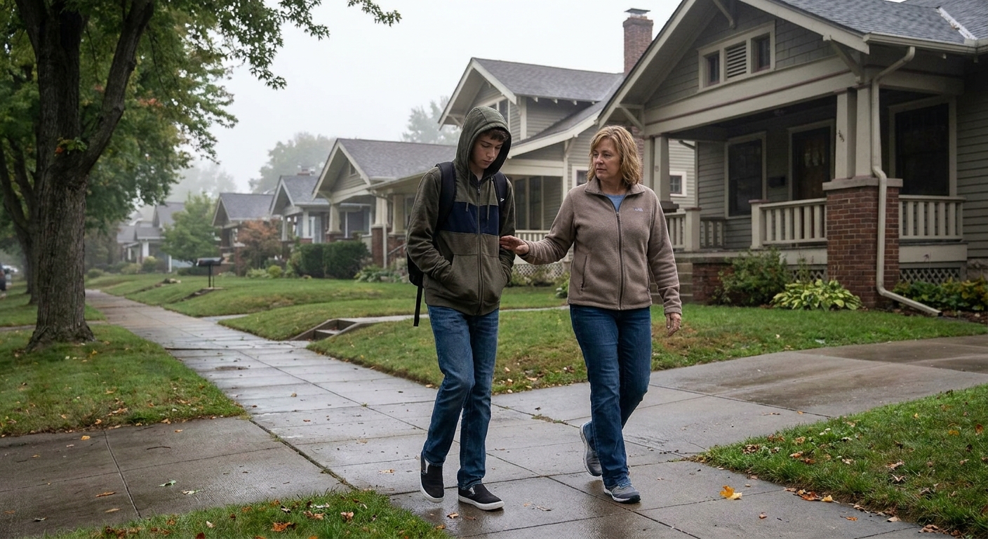 A teen walking slowly on a neighborhood sidewalk with a parent nearby for support on a calm morning, realistic outdoor photograph