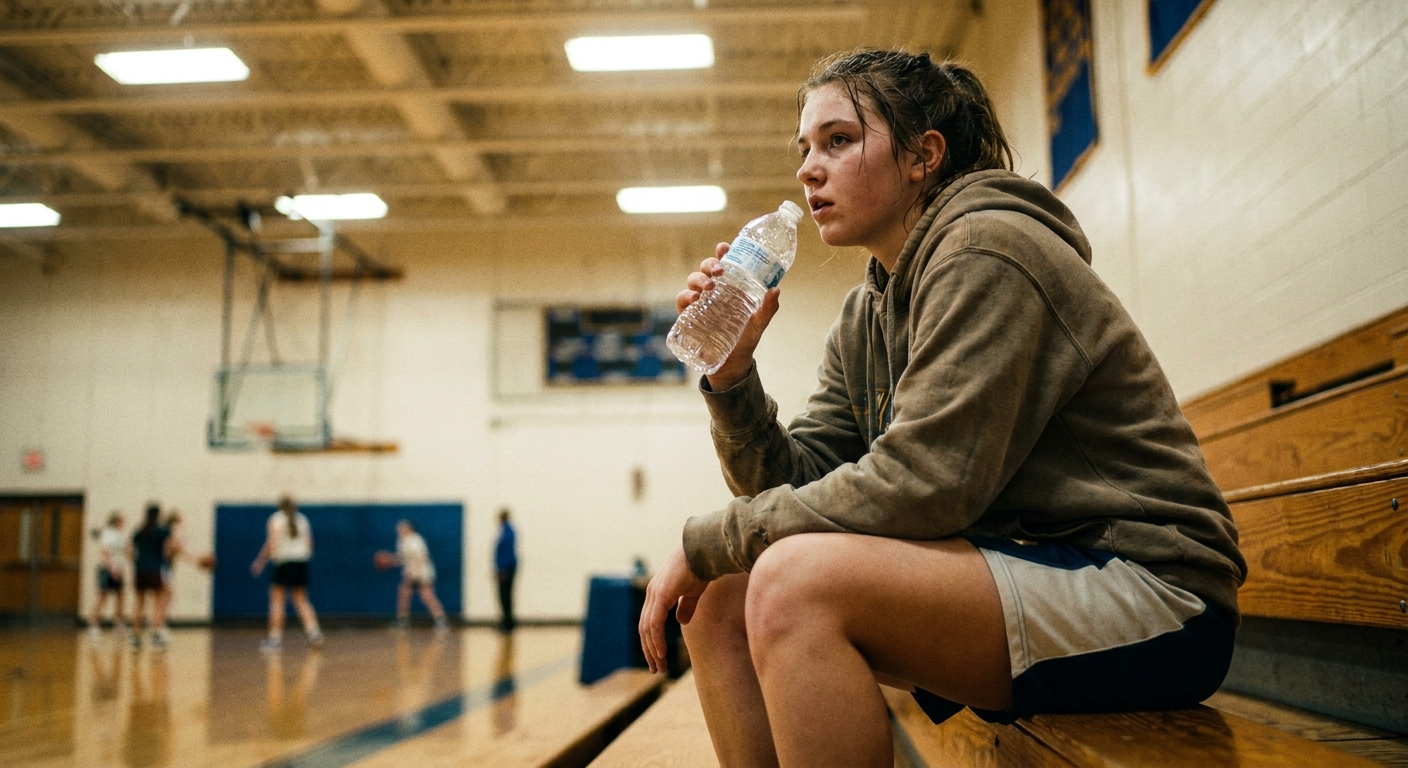 A teenage athlete sitting on gym bleachers drinking water from a bottle, looking tired but alert, realistic sports photo