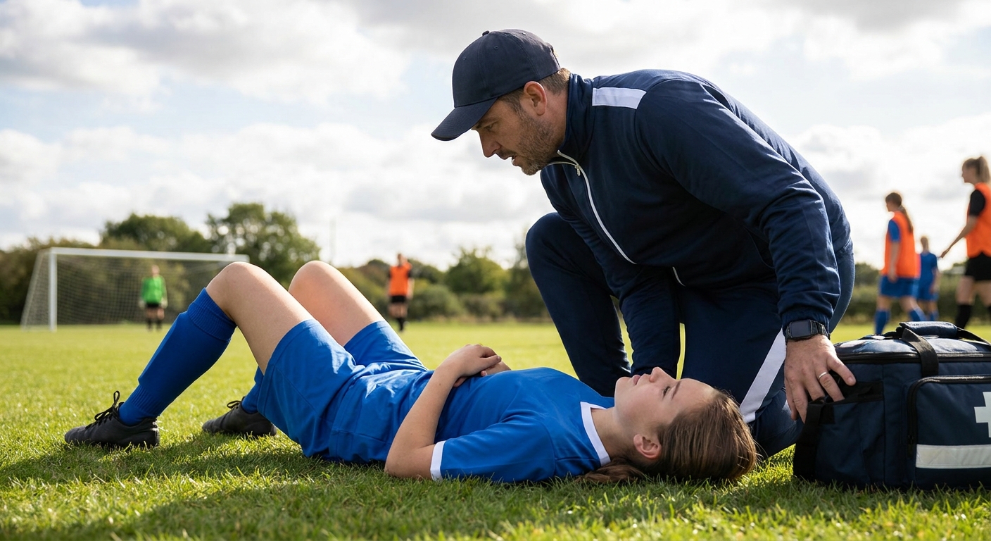 A teenage soccer player lying on the grass while a coach kneels beside them checking responsiveness, realistic outdoor sports photo