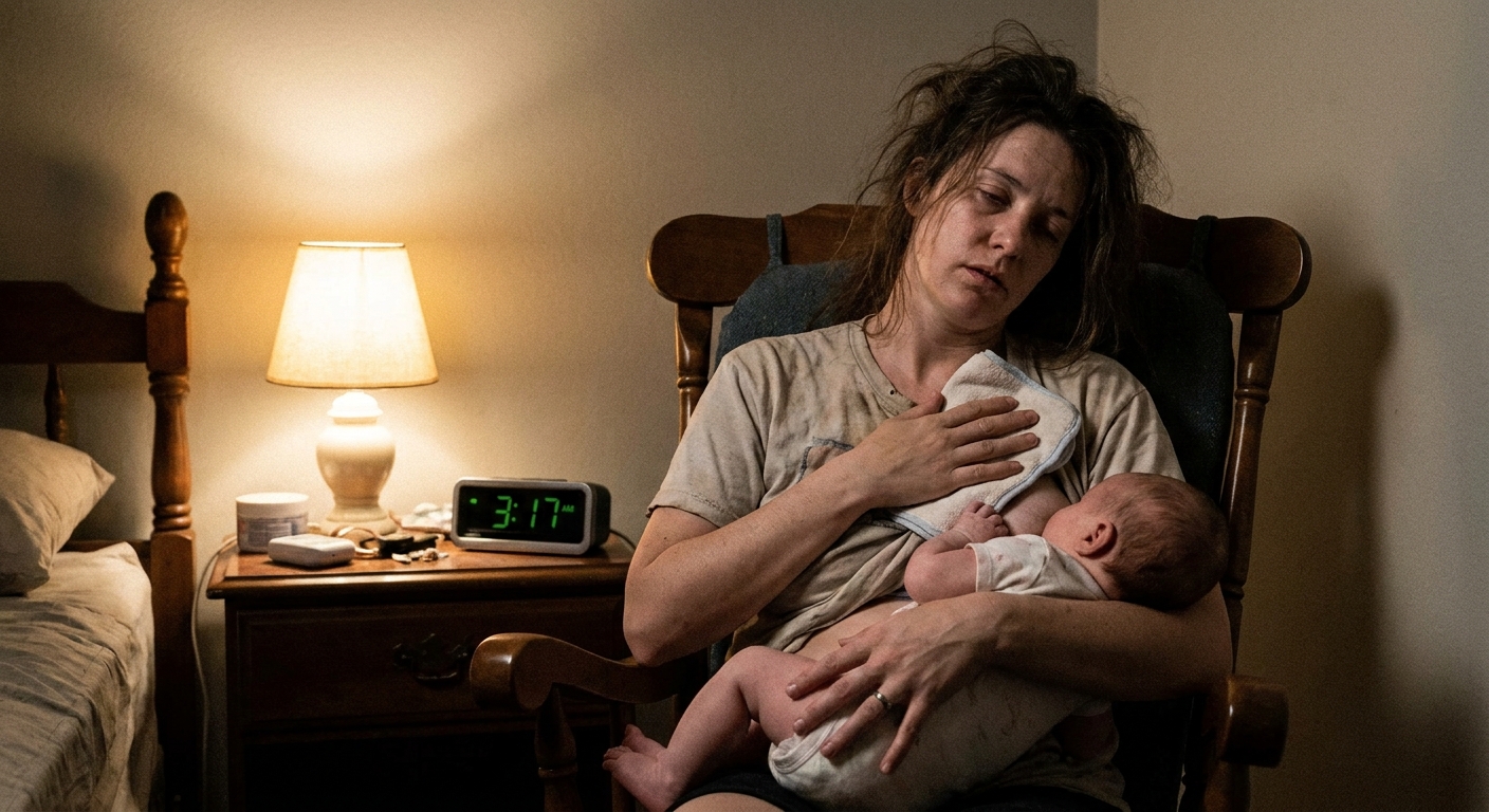 A tired breastfeeding parent sitting in a dim bedroom at night holding a baby while using a warm compress on the breast, realistic candid photography