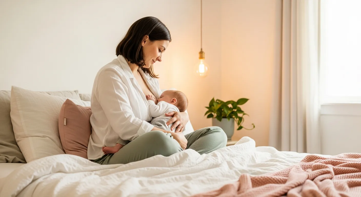 A tired breastfeeding parent sitting in a dimly lit nursery at night, holding a newborn close during a quiet feeding, realistic photography