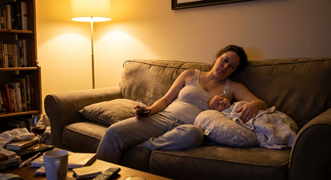 A tired breastfeeding parent sitting on a couch at night holding a small glass of wine while a baby rests nearby, warm indoor lighting, real life photography style